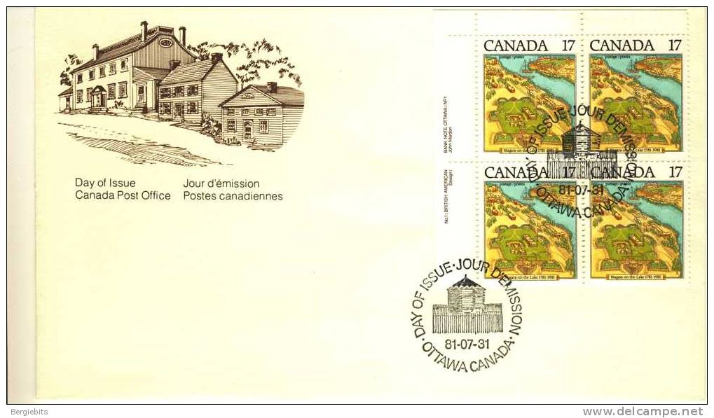1981 Canada Cachet FDC Plate Block Of 4 " NIAGARA On The LAKE " Official Post Office Issue - 1981-1990