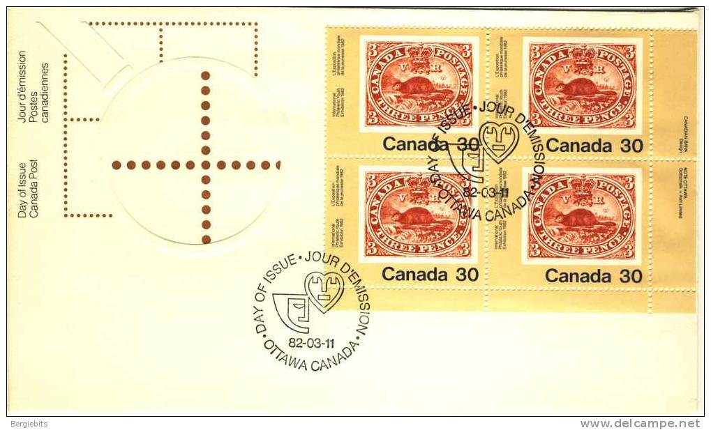 1982 Canada Cachet FDC Plate Block Of 4 " STAMP On STAMP 3 PENNY BEAVER " Official Post Office Issue - 1981-1990