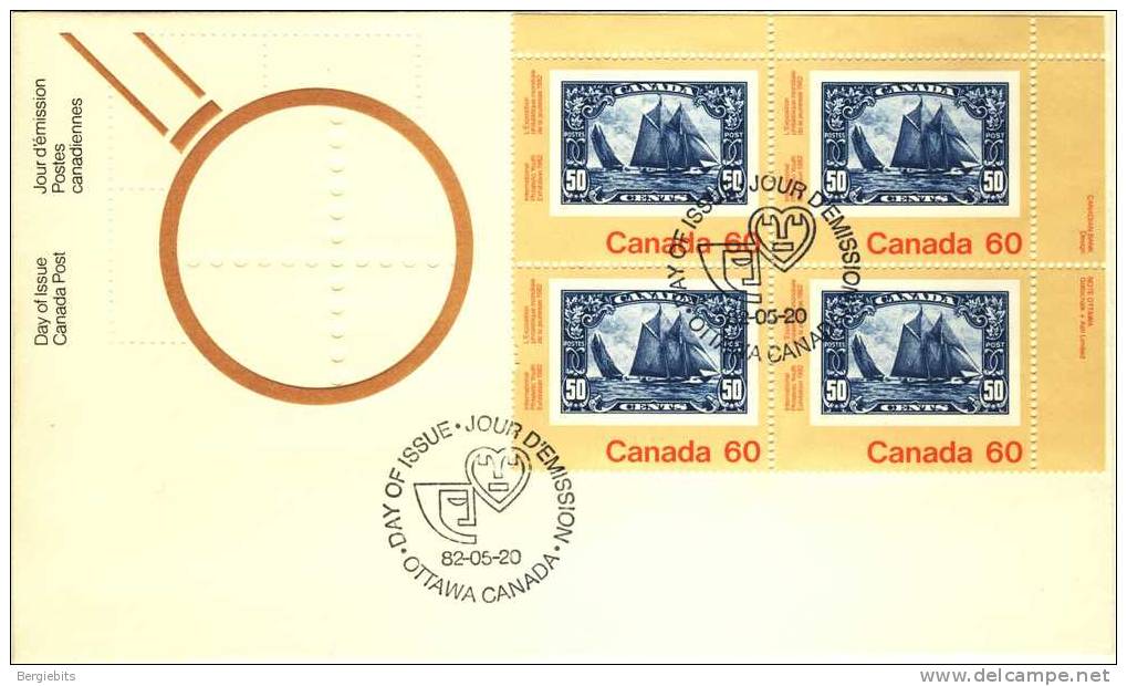 1982 Canada Cachet FDC Plate Block Of 4 " STAMP On STAMP BLUENOSE " Official Post Office Issue - 1981-1990