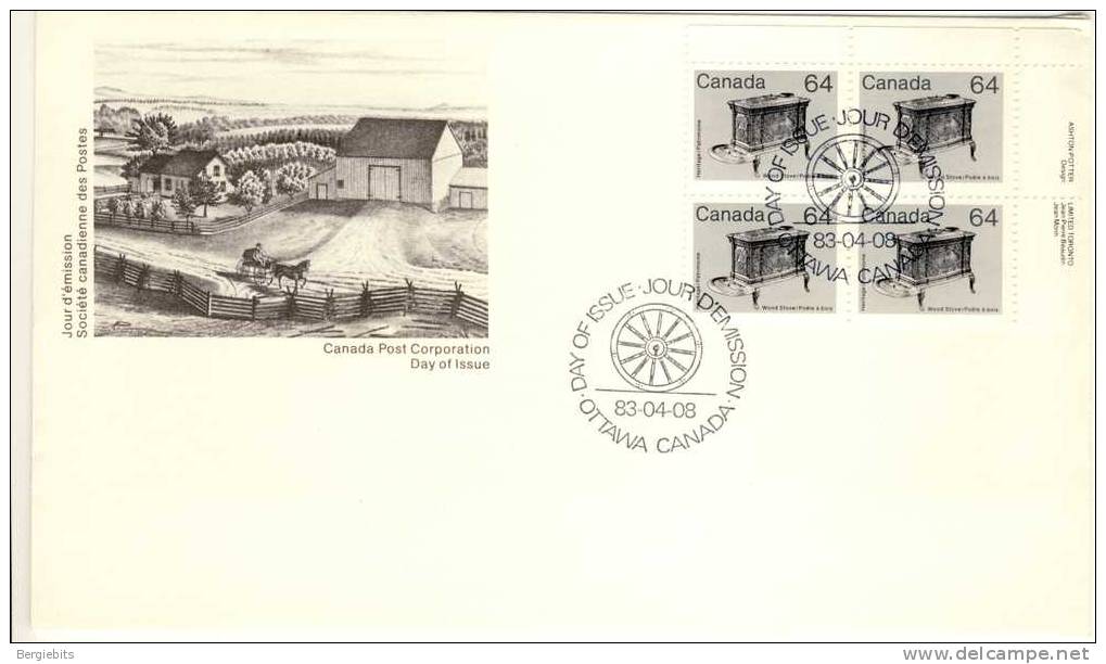 1983 Canada Cachet FDC Plate Block Of 4 " WOOD STOVE" Official Post Office Issue - 1981-1990