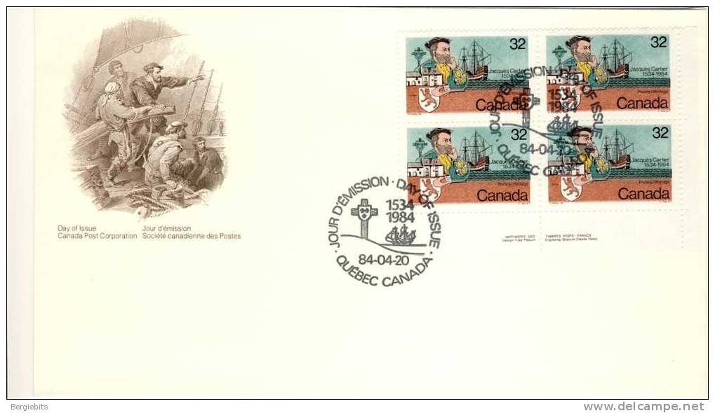 1984 Canada Cachet FDC Plate Block Of 4 " JACQUES CARTIER  " Official Post Office Issue - 1981-1990