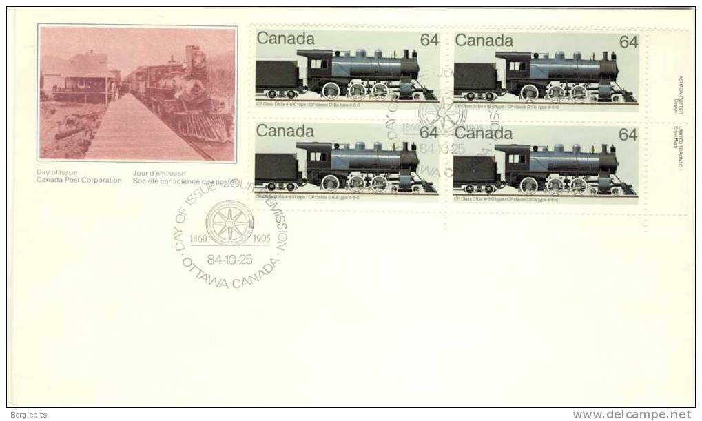 1984 Canada Cachet FDC  Plate Block Of 4 " CANADIAN LOCOMOTIVES 3 " Official Post Office Issue - 1981-1990