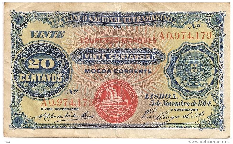 PORTUGUESE MOZAMBIQUE 20 CENTAVOS BLUE SHIP EMBLEM  FRONT SHIP WOMAN BACK  DATED 05-11-1914  P? READ DESCRIPTION!! - Moçambique