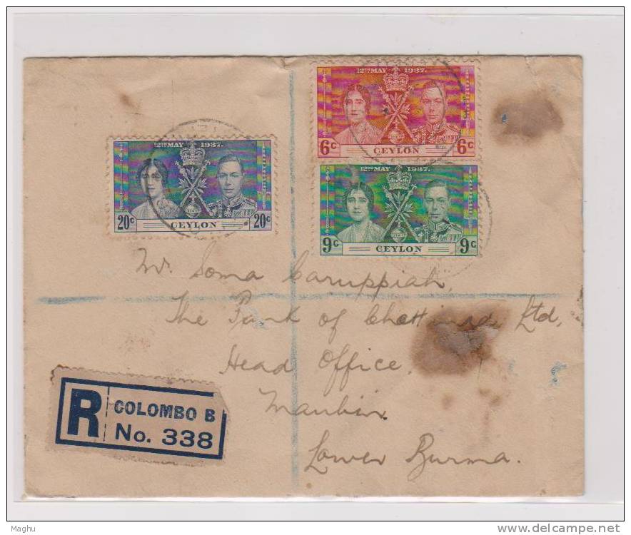 Sri Lanka- Ceylon, Registered Coronation Cover, Postal Stationery, FDC, To Burma, As Scan - Ceylan (...-1947)