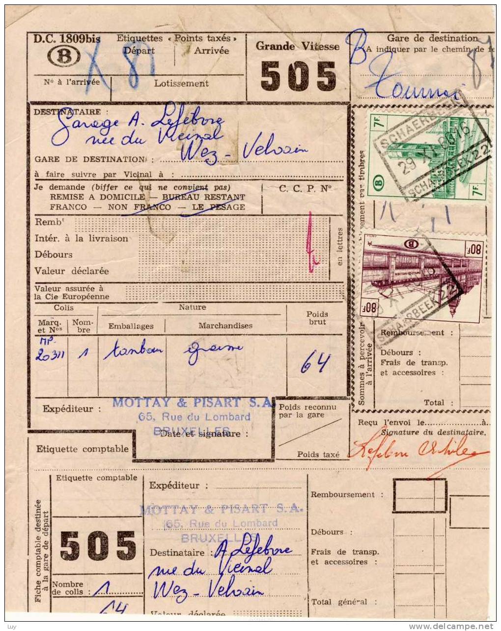 Belgie / Belgum -   Timbre Pour Colis A La Document, SCHAERBEEK 22, 1960/ Used Stamp On Document  / Eisenbahnpeketmarke - Altri & Non Classificati