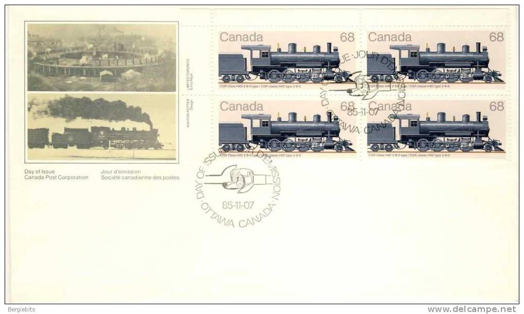 1985 Canada Cachet FDC With Plate Block Of 4 Stamps " CANADIAN LOCOMOTIVES 3 "official POST OFFICE ISSUE - 1981-1990