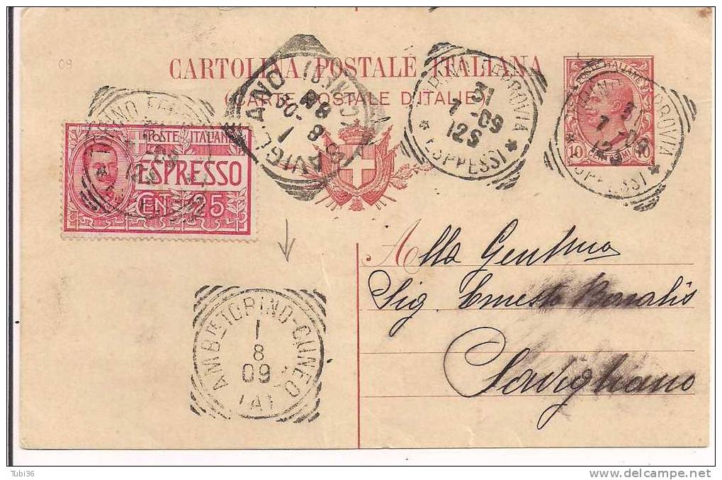 CARTOLINA POSTALE ESPRESSO  - CENT.10 + ESPRESSO 25 - VIAGGIATA 31/7/1909 - TORINO /SAVIGLIANO - Poste Exprèsse