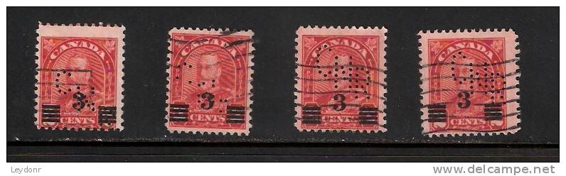 Canada - King George V - Surcharged - Perfins - Scott # 191 - 4 Stamps - Oblitérés