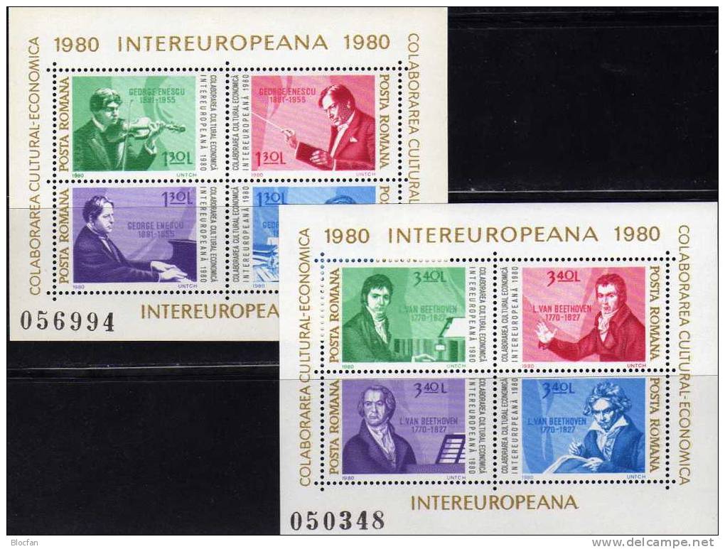 Jahr Der Musik Rumänien 3713/0,10xZD, 2x4-Block, Bl.169+170 ** 34€ Enescu, Beethoven - Cantantes