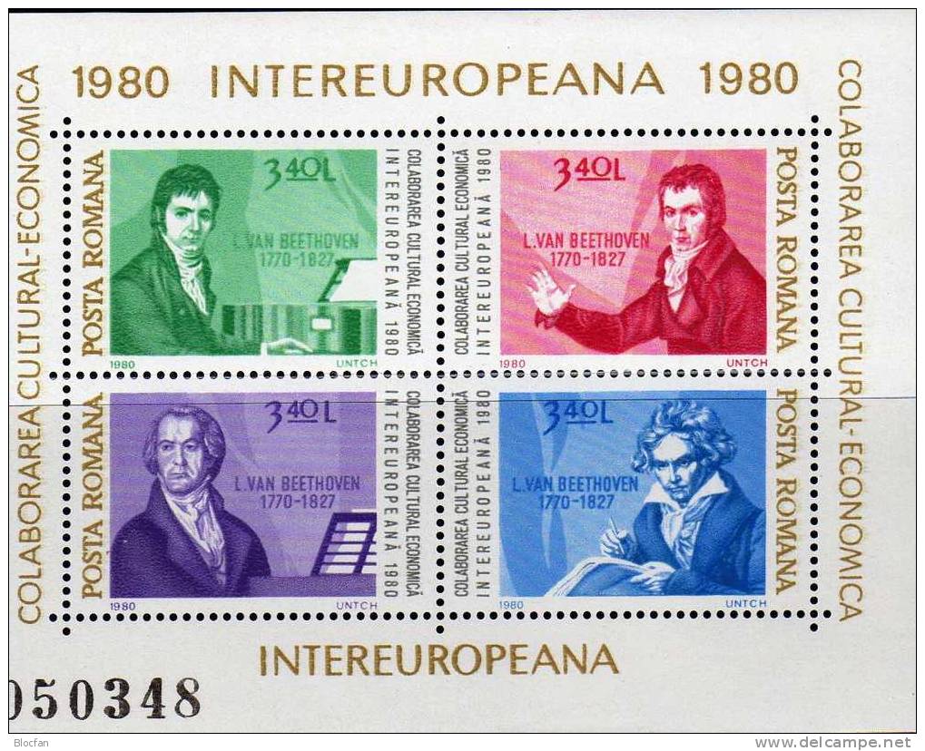 Jahr Der Musik Rumänien 3713/0,10xZD, 2x4-Block, Bl.169+170 ** 34€ Enescu, Beethoven - Chanteurs
