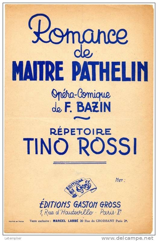 ROMANCE DE MAITRE PATHELIN - Scores & Partitions