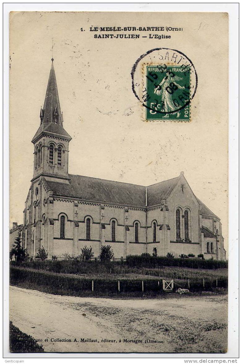 Q5 - LE MESLE-sur-SARTHE - Saint-Julien - L'église - 1908 - Oblitération Le Mesle-sur-Sarthe - Le Merlerault
