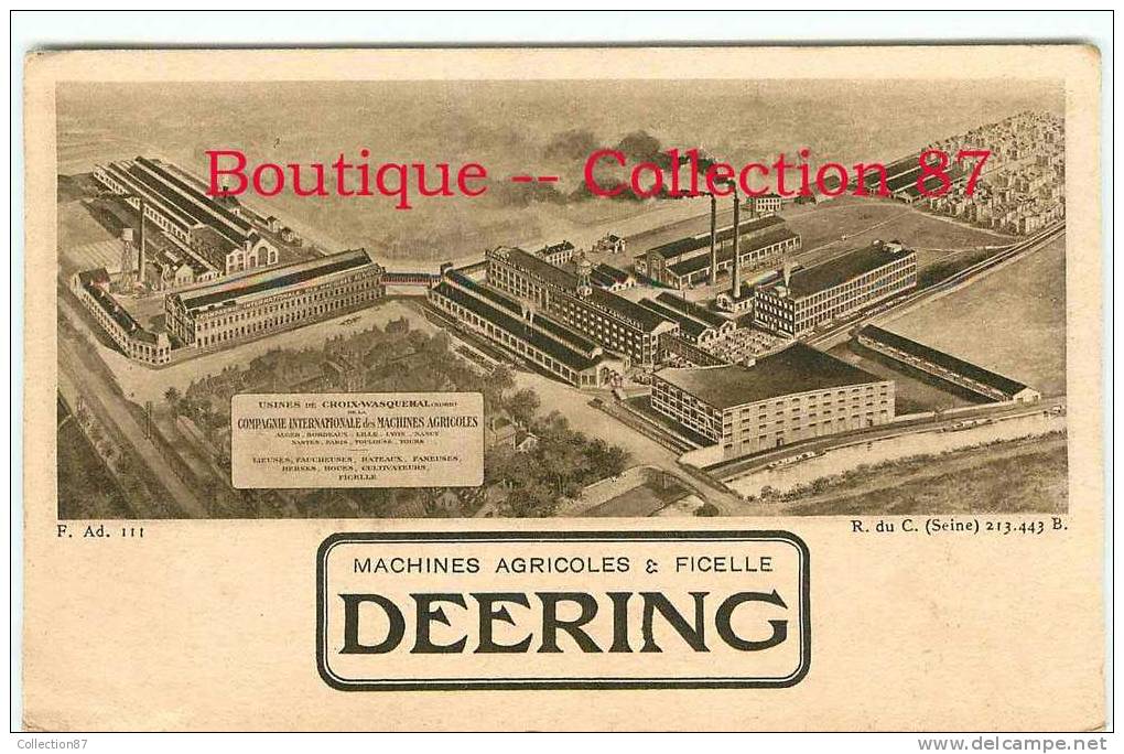 DEERING MACHINE AGRICOLE & FICELLE - LIEUSE FANEUSE TRACTEUR - PUBLICITE - USINE De CROIX WASQUEHAL - DOS VISIBLE - Tracteurs