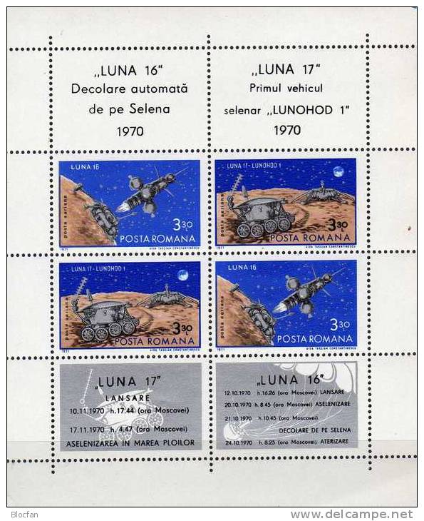 USSR Raumflug Mit Mondauto 1971 Rumänien 2914/5 2xZf Als Block 82 ** 12€ Lunachod Auf Dem Mond Bf Space Sheet Of Romania - Europa