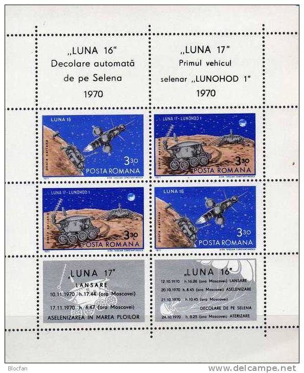 USSR Raumflug Mit Mondauto 1971 Rumänien 2914/5 2xZf Als Block 82 ** 12€ Lunachod Auf Dem Mond Bf Space Sheet Of Romania - Europe