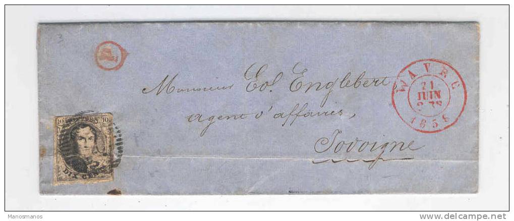 615/13 - Lettre Médaillon 10 C  Barres WAVRE 1856  Vers JODOIGNE - Boite Rurale P De GREZ-DOICEAU (selon Porignon) - Rural Post
