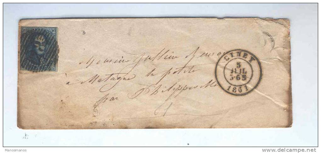 617/13 - Lettre Médaillon 20 C  Barres CINEY 1861  Vers MATAGNE (MARIEMBOURG) - Boite Rurale O - Rural Post