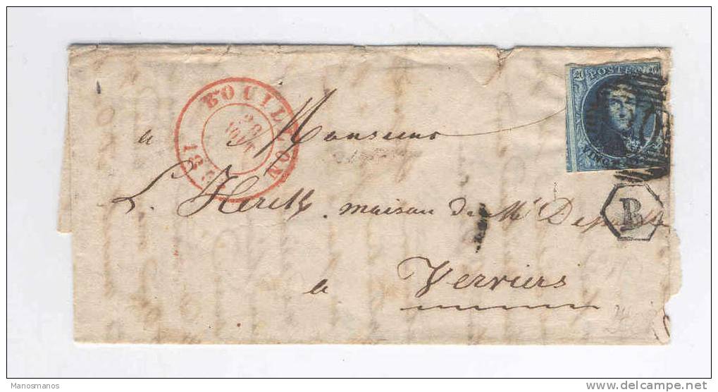 620/13 - Lettre Partielle Médaillon 20 C  Barres BOUILLON 1855 Vers VERVIERS - Boite Hexagonale B (Urbaine?) - Posta Rurale