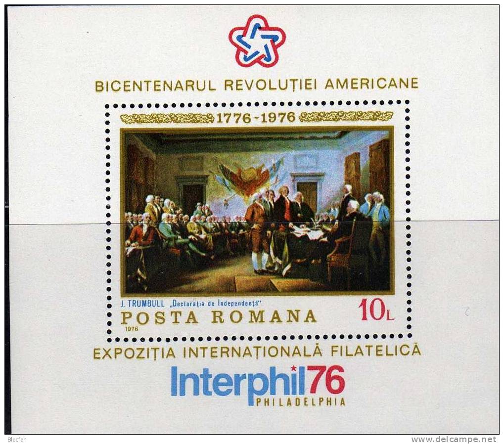 Gemälde 200 Jahre USA Rumänien Blocks 130 **/o 10€ Unabhängigkeits-Erklärung Bloque S/s Hoja Blocs M/s Sheets Bf ROMANIA - Gebruikt