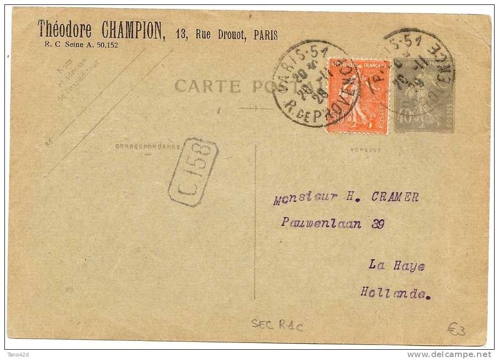 REF LHEN - FRANCE EP CARTE POSTALE SEMEUSE 40c + COMPL.T PARIS / LA HAYE (HOLLANDE) REPIQUAGE PRIVE TH.CHAMPION - Overprinter Postcards (before 1995)