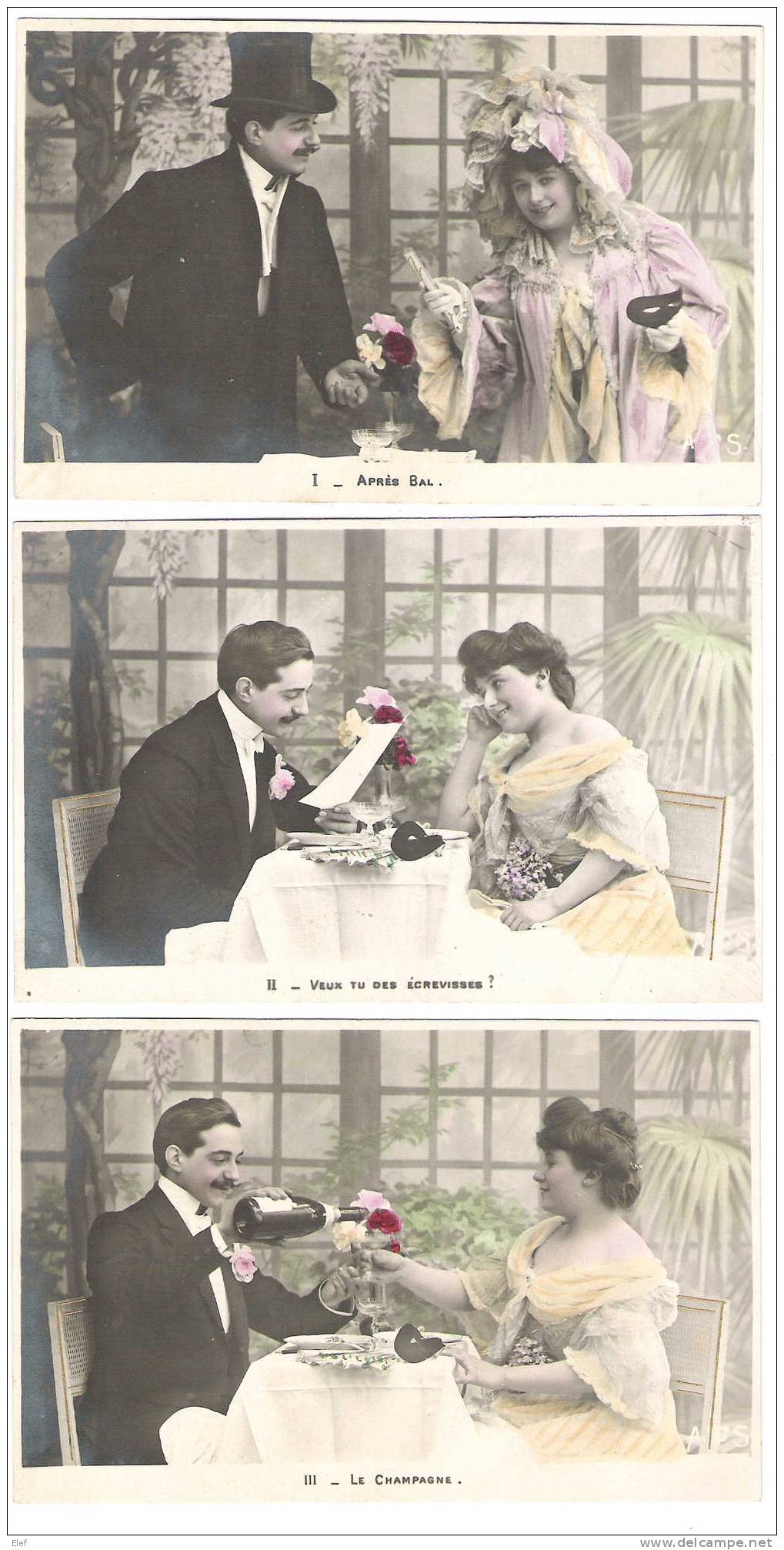 Couple D´Amoureux: Série 5 Cartes;"Après Bal / Ecrevisses / Champagne / Amis? / Toujours! "ed AS, Vers 1900, TB - Non Classés