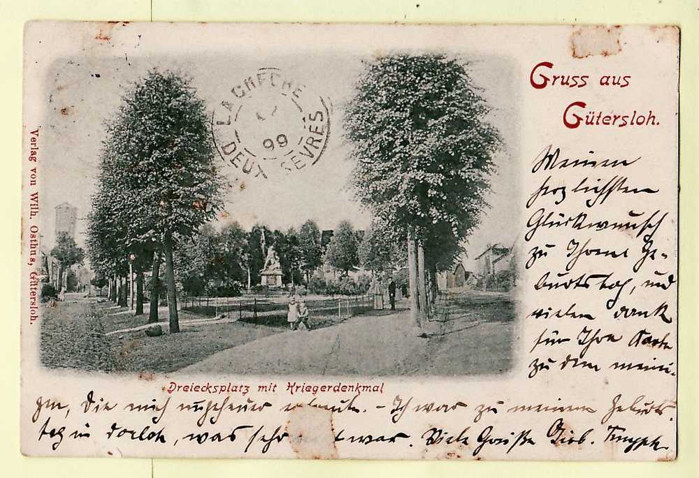 Rhénanie Westphalie GRUSS GUTERSLOH DREIECKSPLATZ KRIEGERDENKMAL 1899 ! ¤ OSTHUS ¤ ALLEMAGNE GERMANY DEUTSCHLAND - Guetersloh