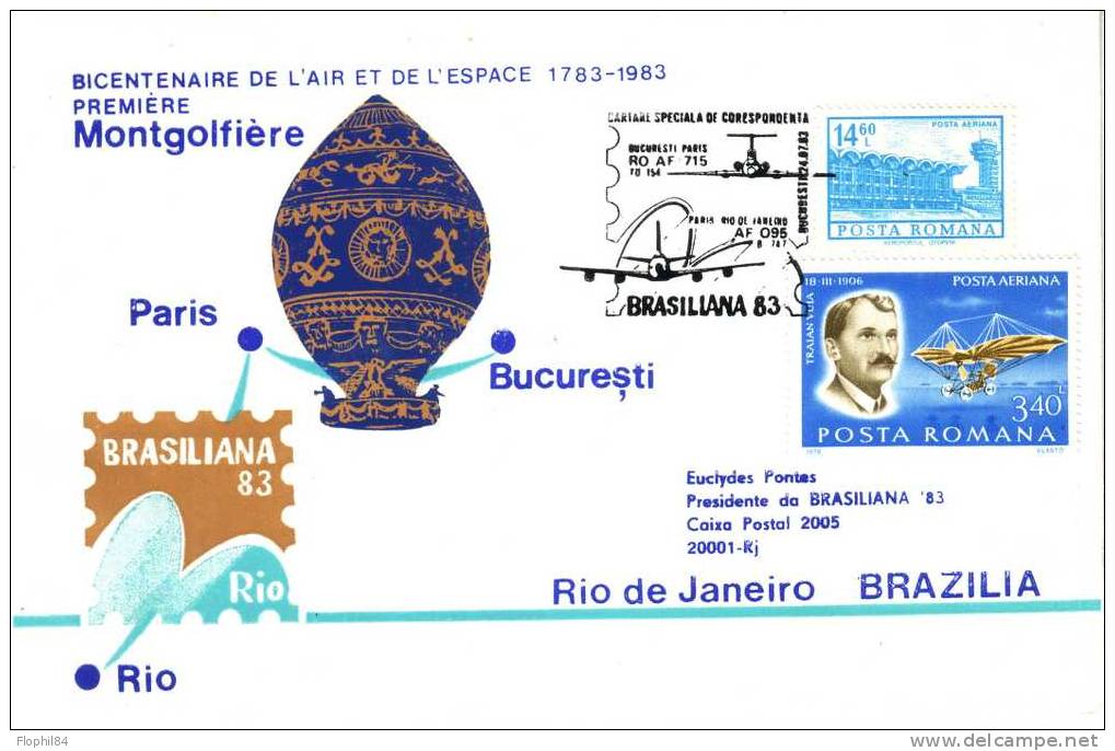 RIO-PARIS-BUCAREST-BICENTENAIRE DE L'AIR 1983 - Storia Postale