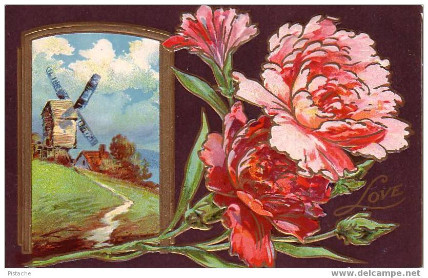 Love - 1911 - Gaufrée - Voyagée - Moulin Fleurs Windmill Flowers - Other & Unclassified