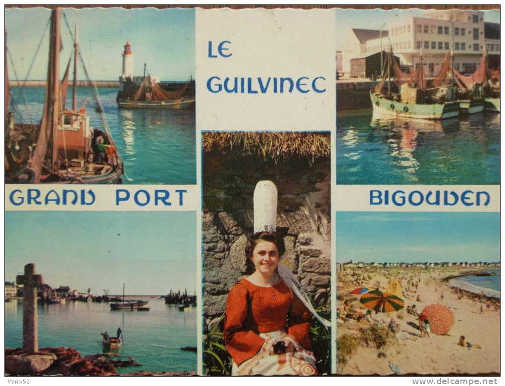 29 - LE GUILVINEC - Le Port, La Criée, La Plage Et Une Jeune Femme En Costume Bigouden. Multivues (CPSM) - Guilvinec