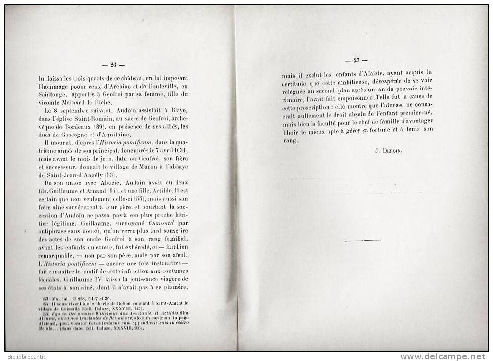 LES COMTES HEREDITAIRES D´ANGOULEME De VOUGRIN 1er à AUDOIN II (869-1032) Par J. DEPOIN - Poitou-Charentes