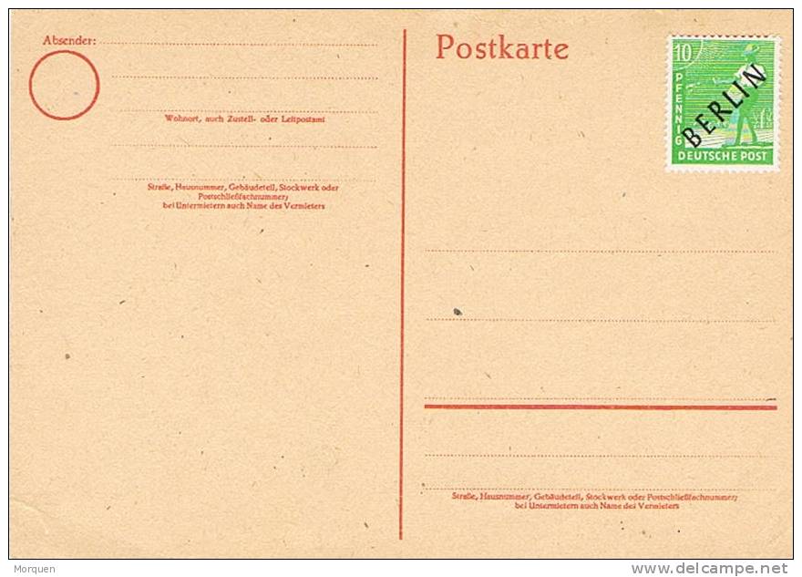 2565. Entero Postal. Postkarte BERLIN. Sello 10 Pf Sobrecarga Negra - Postcards - Mint