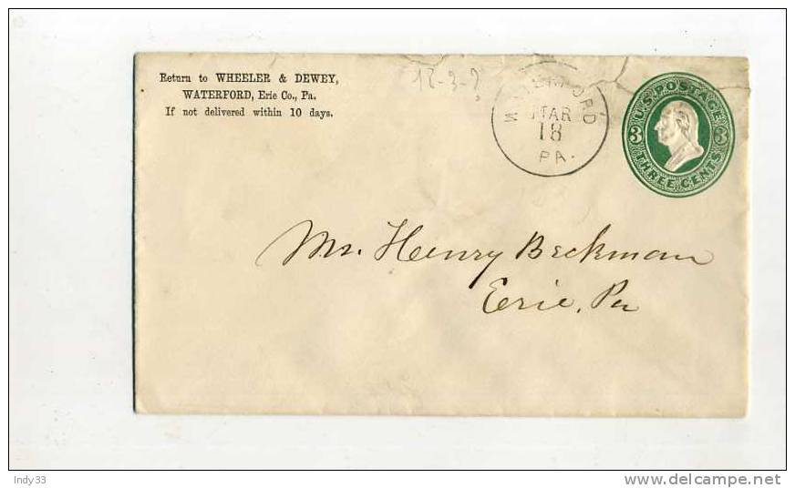 - ETATS UNIS ...1900 . ENTIER POSTAL SUR ENVELOPPE . CIRCULATION INTERIEURE - ...-1900