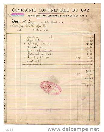 Facture Compagnie Continentale Du Gaz Pour Usine à Gaz De Romilly Sur Seine 11-08-1916 - Timbre Fiscal 10c Gris - - Elektrizität & Gas