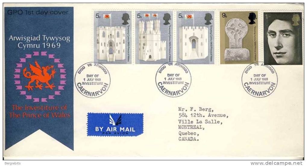 1969 Great Britain Cachet FDC With Complete Set "Investiture Of The Prince Of Wales  " Caernarvon Cancel Sent To Canada - 1952-1971 Pre-Decimal Issues