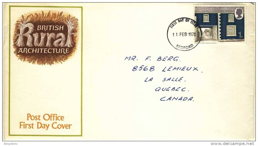 1970 Great Britain Cachet FDC With Part Set " Rural Architecture 2 " Bedford Cancel Sent To Canada - 1952-1971 Pre-Decimal Issues