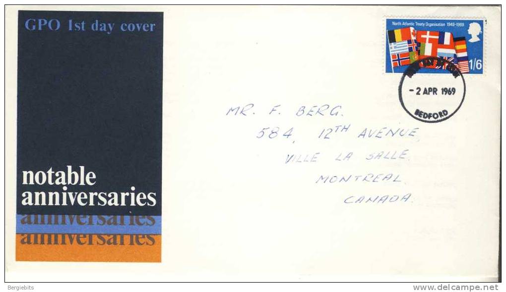 1969 Great Britain Cachet FDC With Part Set " Notable Anniversaries " Bedford Cancel Sent To Canada - 1952-1971 Pre-Decimal Issues
