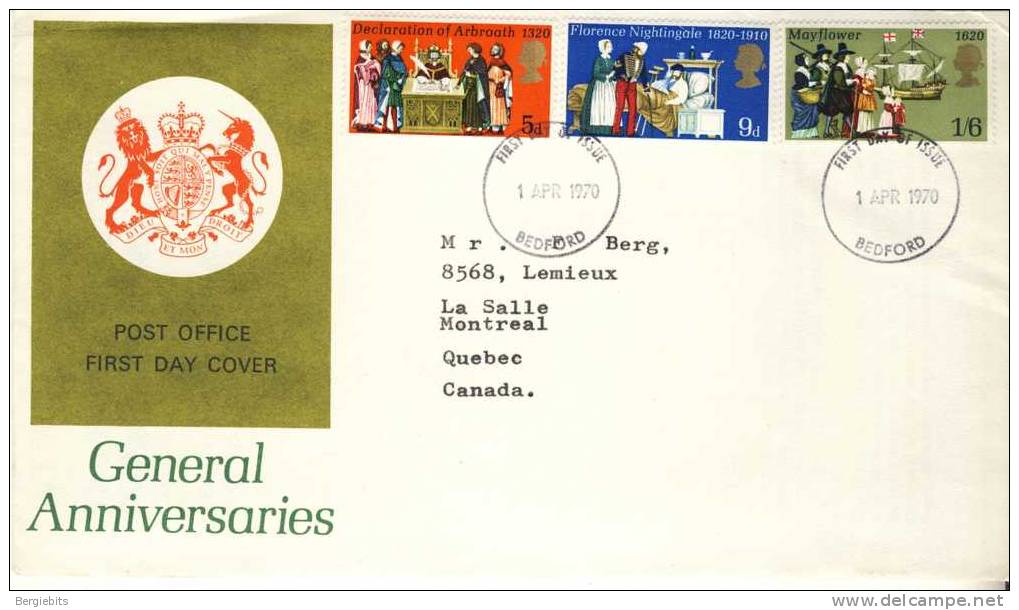 1970 Great Britain Cachet FDC With Part Set " General Anniversaries " Bedford Cancel Sent To Canada - 1952-1971 Pre-Decimal Issues