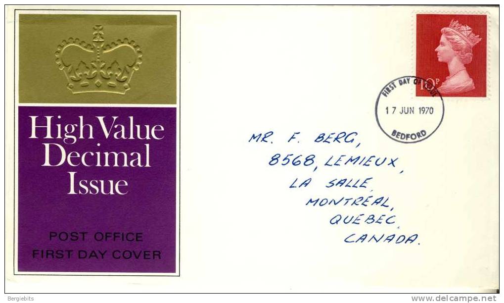 1970 Great Britain Cachet FDC With Part  Set " High Value Decimal Issue " Bedford Cancel Sent To Canada - 1952-71 Ediciones Pre-Decimales