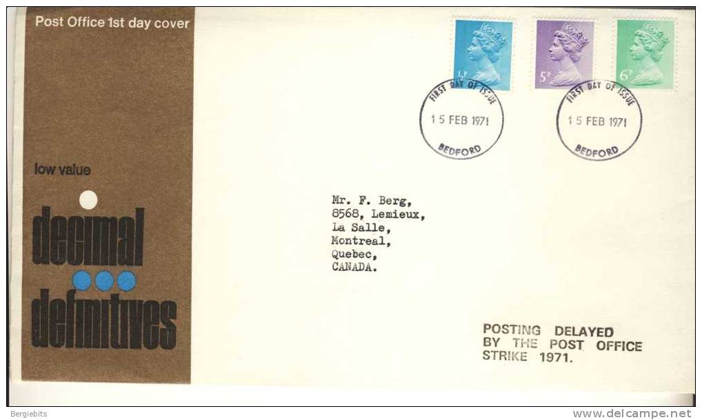 1970 Great Britain Cachet FDC With Part  Set " 1971 New Definitives " Bedford Cancel Sent To Canada - 1971-1980 Decimal Issues