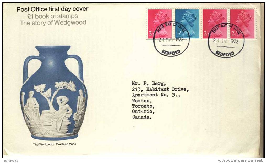 1972 Great Britain 2 Cachet FDC´s + Booklet With Stamps Used From Booklet   " Wedgwood " Bedford Cancel Sent To Canada - 1971-80 Ediciones Decimal