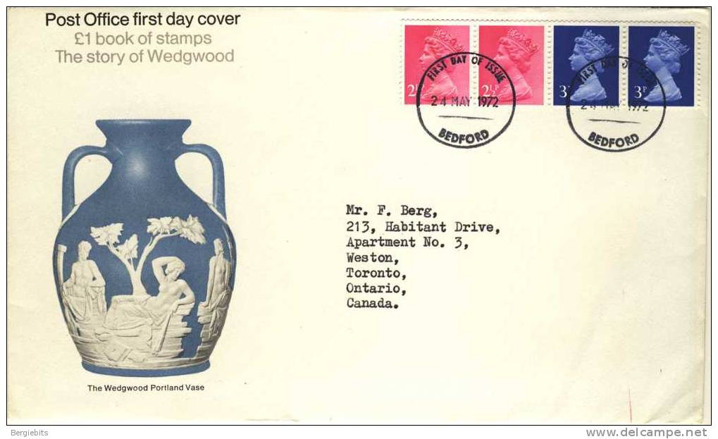 1972 Great Britain 2 Cachet FDC´s + Booklet With Stamps Used From Booklet   " Wedgwood " Bedford Cancel Sent To Canada - 1971-1980 Decimal Issues