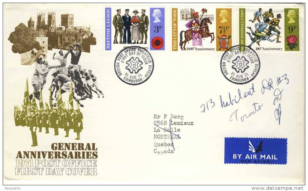 1971 Great Britain Cachet FDC With Complete Set " General Anniversaries " Edinburgh Cancel Sent To Canada - 1971-1980 Dezimalausgaben