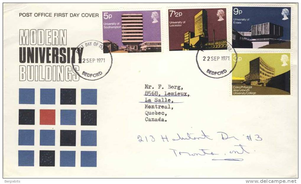 1971 Great Britain Cachet FDC With Complete Set " Modern Universities " Bedford Cancel Sent To Canada - 1971-1980 Decimal Issues