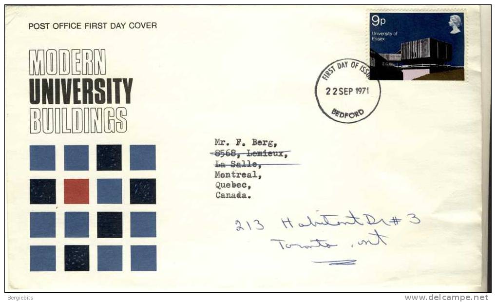 1971 Great Britain Cachet FDC With Part Set " Modern Universities " Bedford Cancel Sent To Canada - 1971-1980 Dezimalausgaben