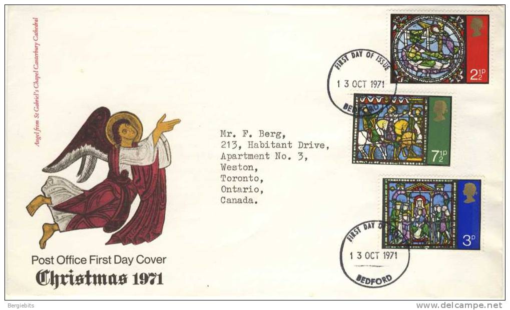 1971 Great Britain Cachet FDC With Complete Set " 1971 Christmas " Bedford Cancel Sent To Canada - 1971-1980 Decimal Issues