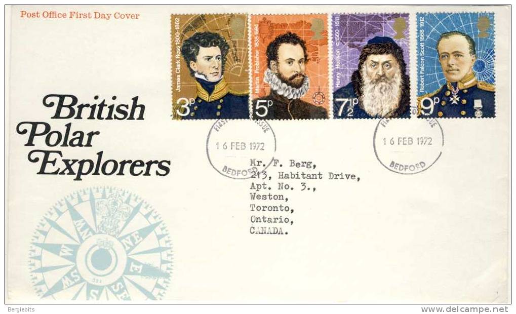 1972 Great Britain Cachet FDC With Complete Set " British Polar Explorers " Bedford Cancel Sent To Canada - 1971-1980 Decimal Issues