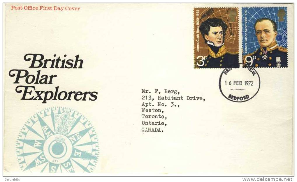 1972 Great Britain Cachet FDC With Part Set " British Polar Explorers " Bedford Cancel Sent To Canada - 1971-1980 Decimal Issues