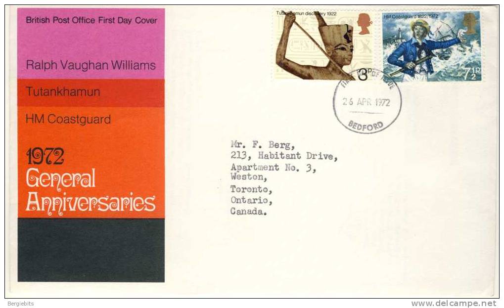 1972 Great Britain Cachet FDC With Part Set " General Anniversaries" Bedford Cancel Sent To Canada - 1971-1980 Decimal Issues