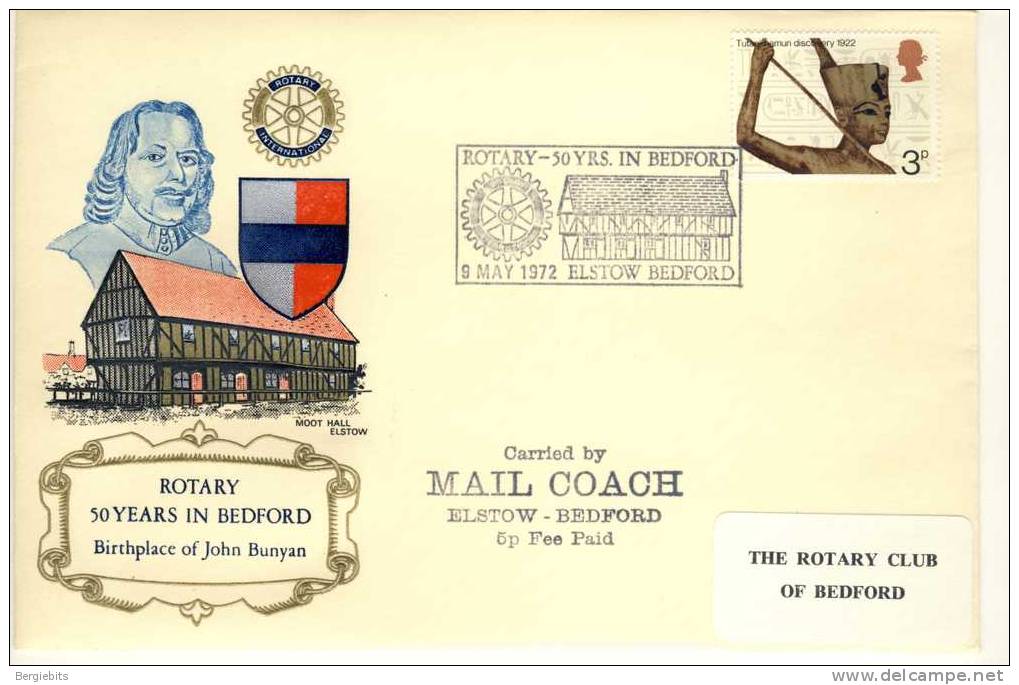 1972 Great Britain Cachet FDC  " 50 Years Rotary Bedford 2 " Special Cancel CARRIED By MAIL COACH Sent To Canada - 1971-1980 Em. Décimales