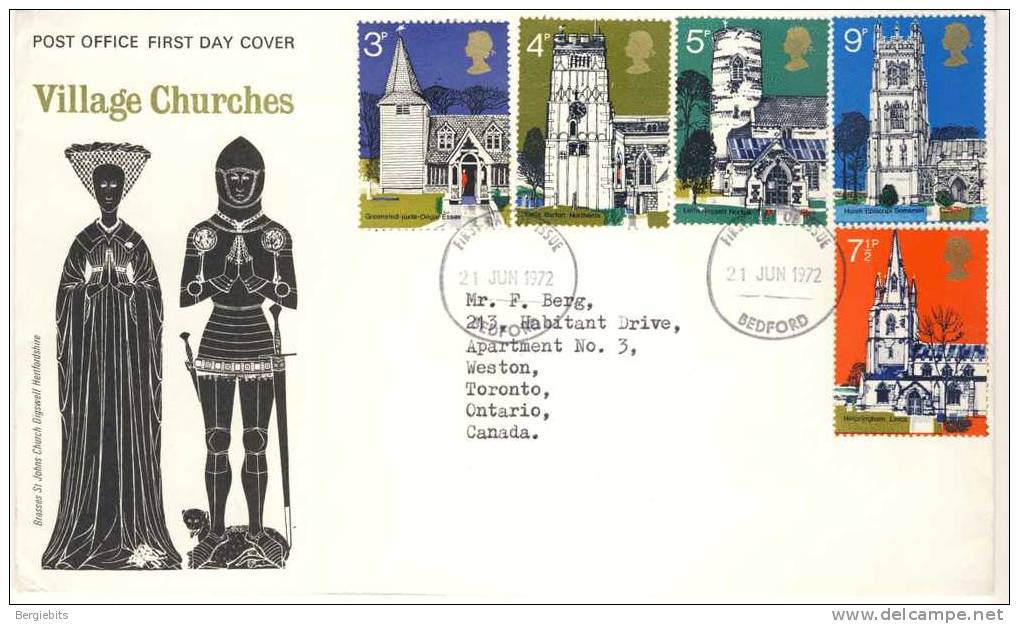 1972 Great Britain Cachet FDC With Complete Set " Village Churches " Bedford Cancel  Sent To Canada - 1971-1980 Decimal Issues